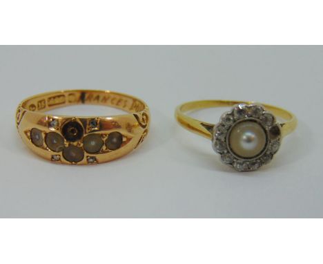 Victorian 15ct seed pearl and rose cut diamond ring, inscribed to interior, size N and a further yellow metal pearl and diamo