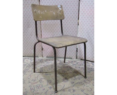 A set of eight vintage stacking school/municipal chairs  with oak veneered plywood seats and tubular steel frames, (af) 