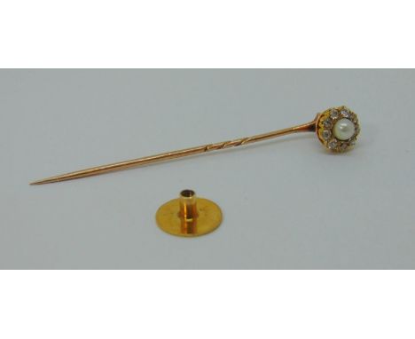 Antique yellow metal stick pin with pearl and diamond terminal and an 18ct dress stud, the terminal can be unscrewed and worn