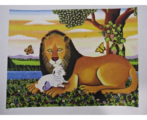 20th century school - Lamb and Lion, indistinctly signed, limited 159/400 lithograph, 51 x 67cm, unframed 