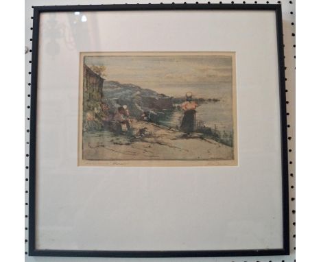 Alexander (Alec) Coutts Fraser (Scottish Fl1893-1939) - Signed coloured etching of women on the shore, signed and inscribed S
