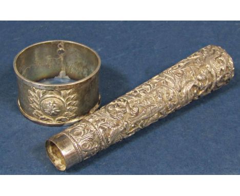 Eastern white metal parasol handle embossed with various birds and foliage, 12 cm long, together with a further Eastern white