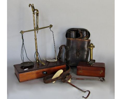 A pair of Colmont Paris leather bound binoculars with leather case dated 1916, a mahogany cased field microscope, a set of  V