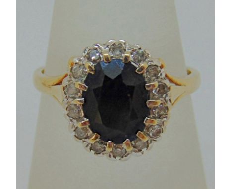 9ct sapphire and diamond cluster ring, size N, 3.4g 