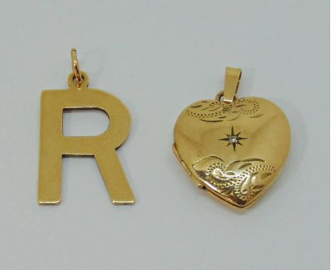 9ct diamond set heart shaped locket with engraved detail and a 9ct 'R' pendant, 3.8g (2) 
