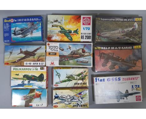 11 model aircraft kits, all 1:72 scale WW2 fighter planes, including models by Heller, Supermodel, Hasegawa, KP and Revell. A