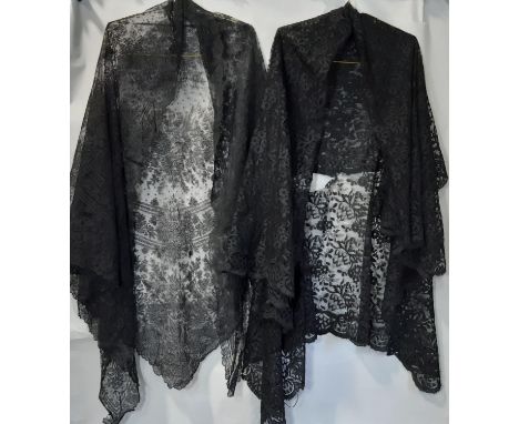 Three black 19th century shawls; first is a triangle shape worked on gauze with scalloped edge 270 x 135cm; second is 185 x 1