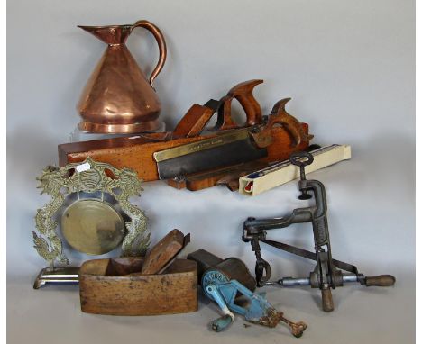19th century R.M. Warlow of Bristol wooden plane, 55cm together with other wood work tools to include a saw, clamp, spirit le