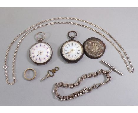 Two decorative 935 silver fob watches (one af), a Victorian silver fancy link bracelet with T-bar, a silver curb link chain n