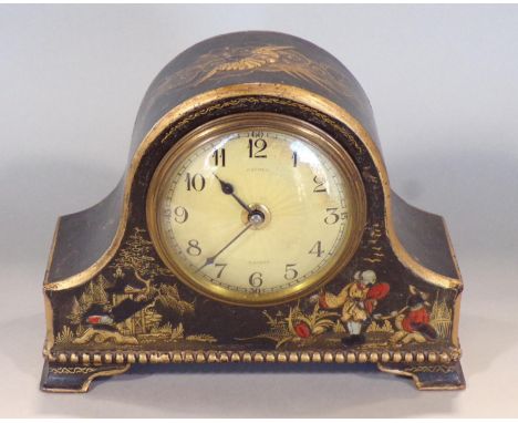 Asprey of London chinoiserie mantel clock of Napoleon hat form with gilt relief decoration, champagne convex dial with painte