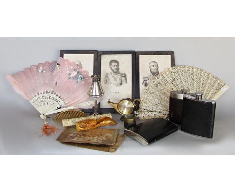 Miscellaneous collection consisting of two ivory fans, two hip flasks, oil lamp, ivory tube, an Aladdins lamp, travelling ala