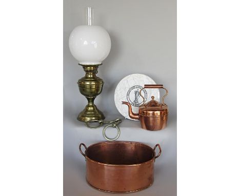 19th century copper oval pan, copper kettle, brass oil lamp and a  Bartlett &amp; Son Ltd scales plate and a brass horses bit