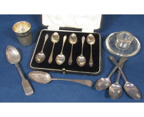 A mixed collection of silver comprising a cased set of six silver coffee spoons, a collection of five various antique silver 