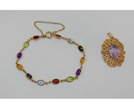 9ct multi-gem bracelet together with a vintage 9ct amethyst pendant, 8g total (2) 