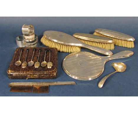 Mixed collection of silver comprising a five piece dressing set comprising three brushes, a mirror and silver topped comb, to