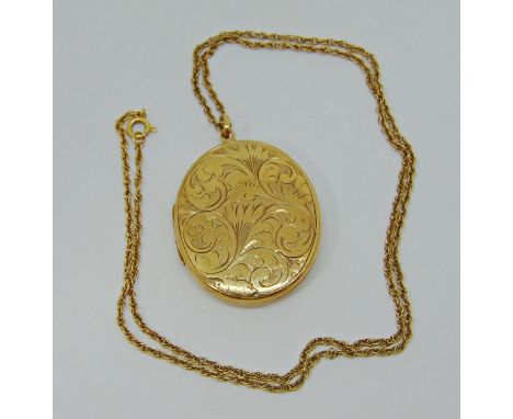 Vintage 9ct locket necklace with engraved scrolled decoration, maker 'NBs', Birmingham 1972, 16g 
