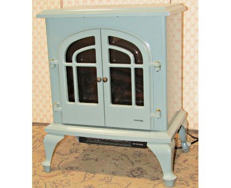 A Warmlite log effect electric fire heater in light blue colourway, model number WL46001 