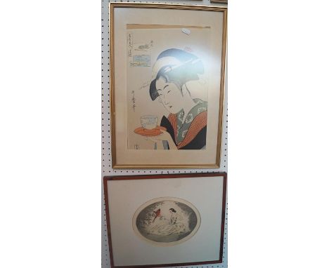 A collection of three oriental coloured prints of female characters, two inscribed in pencil by Utamaro, 38 x 25cm approx max