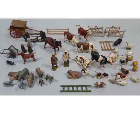 Collection of vintage lead painted farm animals and model farm accessories by Britains, Timpo etc including livestock, fences