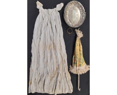 Mixed vintage lot including a silk parasol,  Victorian hand stitched baby gown, lace baby shawl together with a silver plated