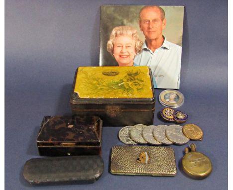 Early cigarette lighter with airship and monoplane panels, World War I Comrades badge, small musical box by Marchand, etc 