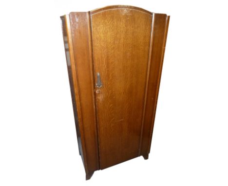 LEBUS SMALL OAK SEMI FITTED SINGLE DOOR WARDROBE, AN OAK TWO DOOR SEMI FITTED WARDROBE AND AN OAK TALLBOY 