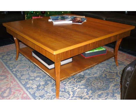 *Square walnut coffee table, 39 1/2" wide, another matching but smaller example, 24" x 24", and a gilt and cream painted tabl