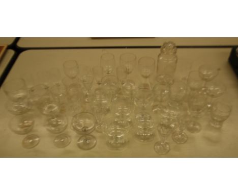 A COLLECTION OF GLASS TO INCLUDE; WINE GLASSES, SHERRY GLASSES, SMALL GLASS DESSERT BOWLS AND A DECANTER.  