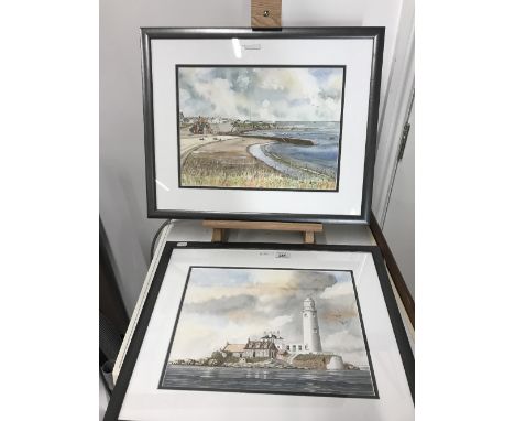 JJ KERR - 1 PAIR OF LATE 20TH CENTURY WATER COLOURS - CULLERCOATS BAY & ST MARY'S LIGHT HOUSE