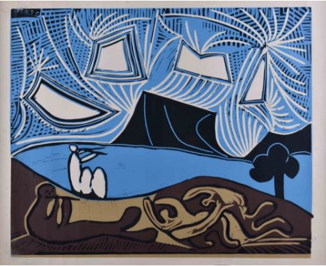 Pablo PICASSO (1881 Malaga -1973 Mougins)"Bacchanale-Paar und Flötenspieler am Ufer eines Sees"Grafik- Farblinolschnitt auf B