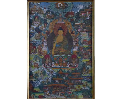 Thangka des Padmasambhava Buthan 18. / 19. Jhd.Persönlichkeit und Wirken des Buddhistischen Meisters Padmasambhava ,Tempera u