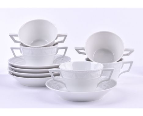 5 Suppentassen &amp; UT KPM Kurlandblaue Zeptermarke, 1. Wahl, Gesamthöhe 7,5 cm5 soup cups &amp; saucers5 Suppentassen &amp;