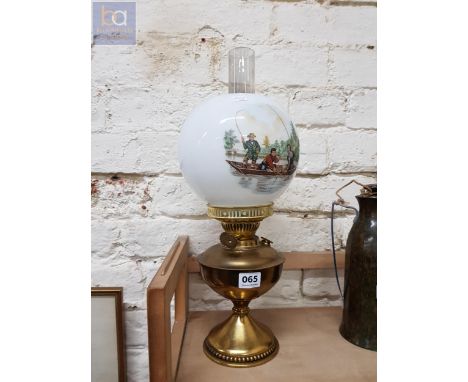 COMPLETE OIL LAMP WITH NICE HUNTING SCENE SHADE 