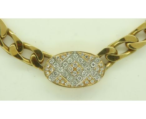 A heavy gauge 18ct gold curb-link choker necklace, with diamond-set oval panel totalling approximately 0.7cts, L: 40 cm, 99.8