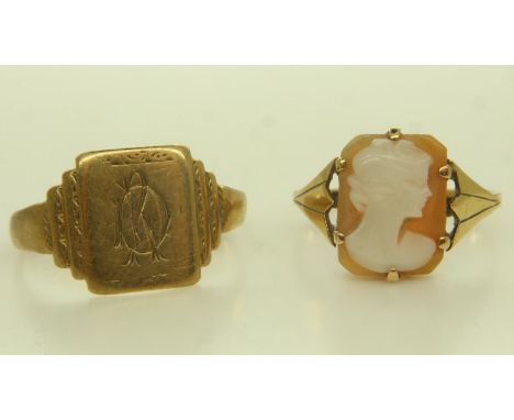 A 9ct gold ring set with a carved shell cameo portrait, with a further mis-shapen 9ct gold signet ring, combined 4.4g. UK P&a