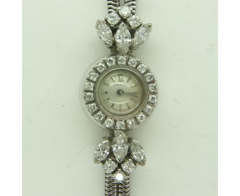 OMEGA: an 18ct white gold ladies manual-wind cocktail watch, with marquis and round-cut diamond-set bezel and lugs, numbered 