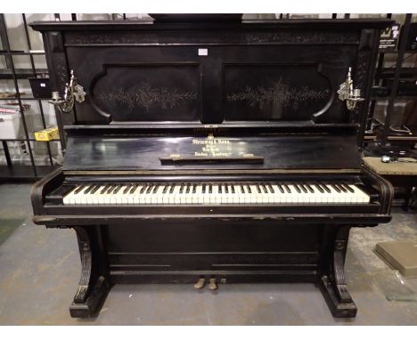 STEINWAY &amp; SONS: a late 19th century upright overstrung piano, seven octaves, the mahogany case ebonised, mounted with ch