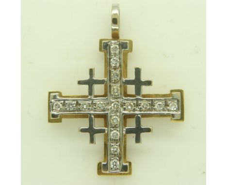 An 18ct white and yellow gold Jerusalem pendant, diamond-set, H: 29 mm, 3.9g. UK P&amp;P Group 0 (£6+VAT for the first lot an
