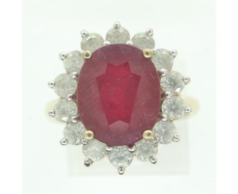 9ct gold ring, set with a large ruby and white stones, size Q, 5.9g. UK P&amp;P Group 0 (£6+VAT for the first lot and £1+VAT 