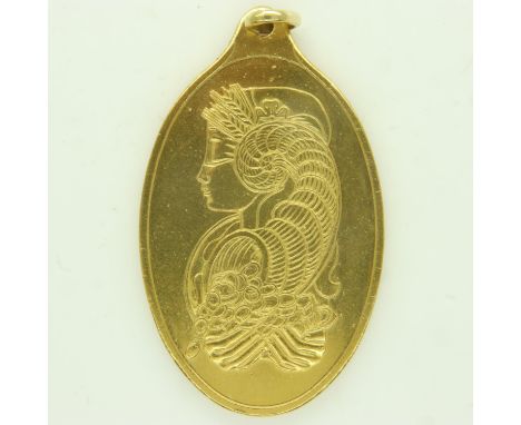 Produits Artistiques Métaux Précieux (PAMP): A 24ct gold one-troy-ounce fine gold pendant, oval and designed in relief with p