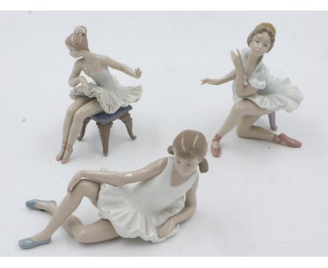Two Lladro and one Nao ballerinas, no chips or cracks, largest H: 17 cm. UK P&amp;P Group 3 (£30+VAT for the first lot and £8