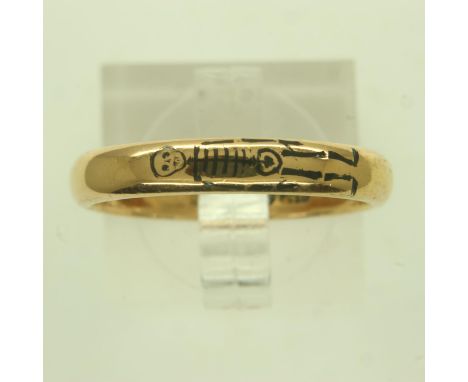 22ct gold and black enamel skeleton design mourning band ring, size P, 4.7g. UK P&amp;P Group 0 (£6+VAT for the first lot and