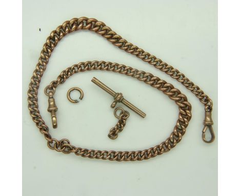 A 9ct gold graduated double Albert watch chain, with two clips and (loose) T-bar, L: 38 cm, 19.1g. UK P&amp;P Group 0 (£6+VAT