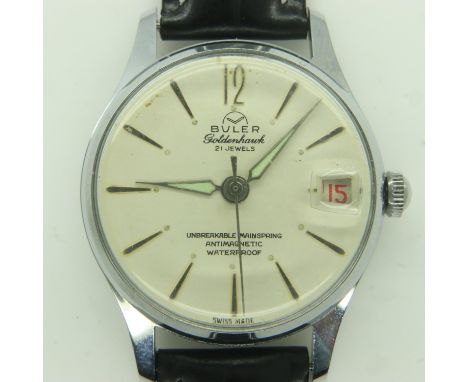BULER: 21 jewel gents wristwatch, with date aperture, on black leather strap. Working at lotting. UK P&amp;P Group 1 (£16+VAT