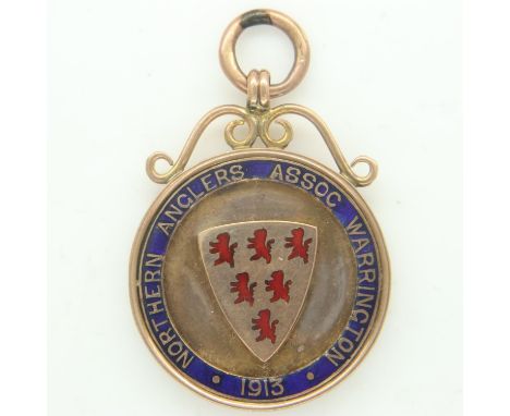 NORTHERN ANGLERS ASSOCIATION (WARRINGTON): an enamelled 9ct gold fob dated 1913, total 7.7g. UK P&amp;P Group 0 (£6+VAT for t