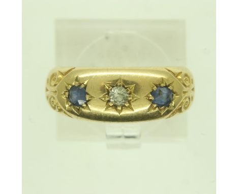 Victorian Chester hallmarked 18ct gold trilogy ring set with diamond and sapphires, size J/K, 3.2g. UK P&amp;P Group 0 (£6+VA