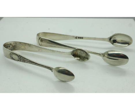 Two pairs of hallmarked silver sugar tongs, combined 37g. UK P&amp;P Group 1 (£16+VAT for the first lot and £2+VAT for subseq