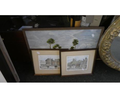 A Framed Oil on Board, French Lane Together with Prints of Corfe Castle and The Quay at Poole 