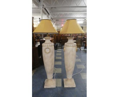 A Tall Pair of Ceramic Lamps on Tall Square Plinth Bases, 156cm High with Shades 