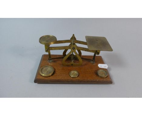 An Edwardian Set of Brass Postage Scales and Weights on Wooden Rectangular Plinth, 17.5cm Wide 